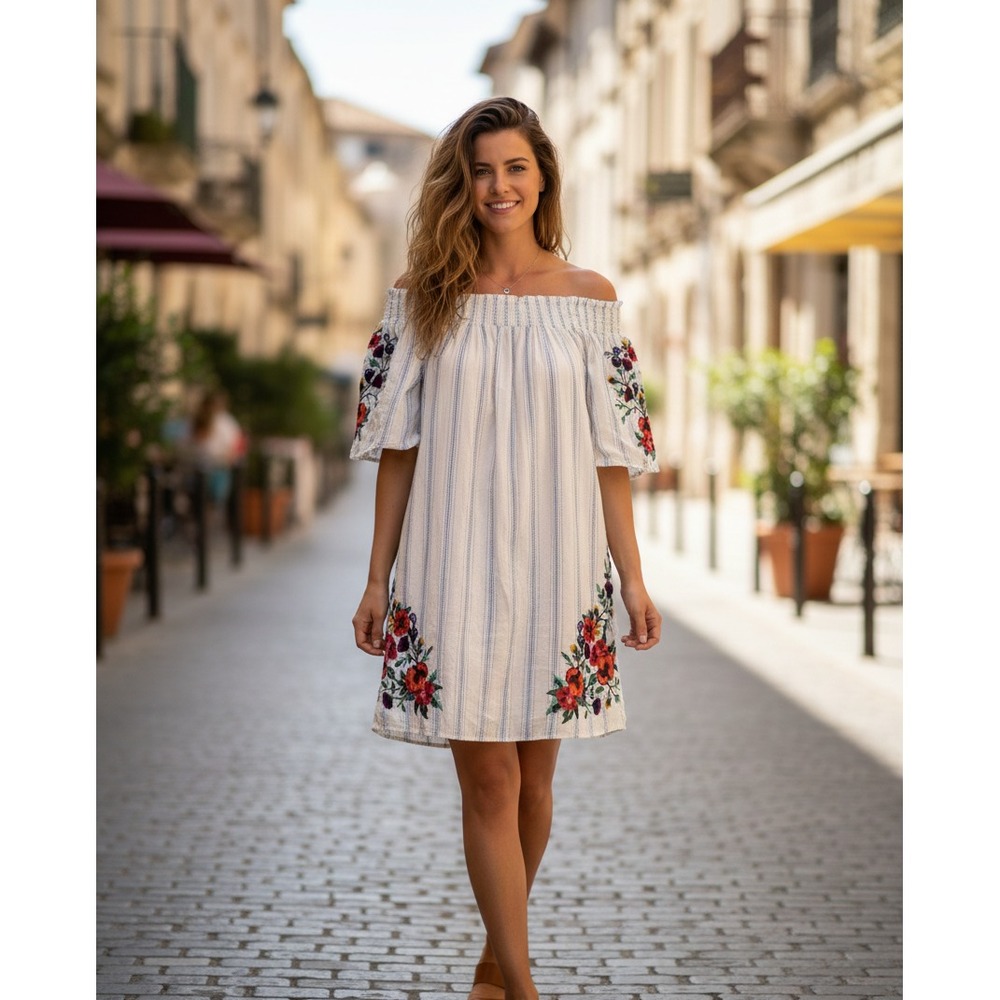 TRF Collection Women's‎ XS Floral Embroidery Off-The-Shoulder Short-Sleeve Dress